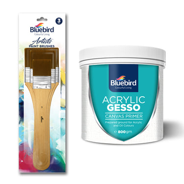 Bluebird Heavy Gesso Primer, 513ML / 28.2Oz & 3-Pack Premium Paint Brushes for Gesso